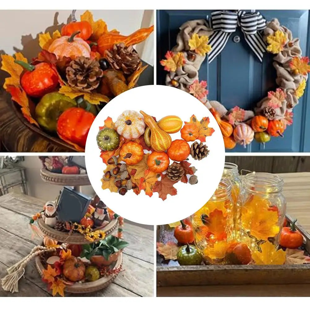 Une collection de décorations artificielles d’automne pour la maison comprenant de petites citrouilles, des pommes de pin et des feuilles d’automne vibrantes en orange, jaune, vert et brun, pour une décoration saisonnière et des compositions d’automne.