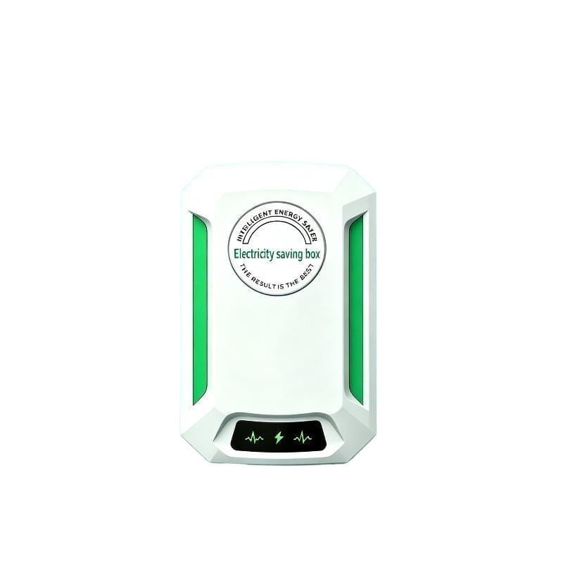 weiße und grüne Stromsparbox mit einem eleganten modernen Design und vertikalen grünen Akzenten an den Seiten für die intelligente Energieeinsparung im Haushalt