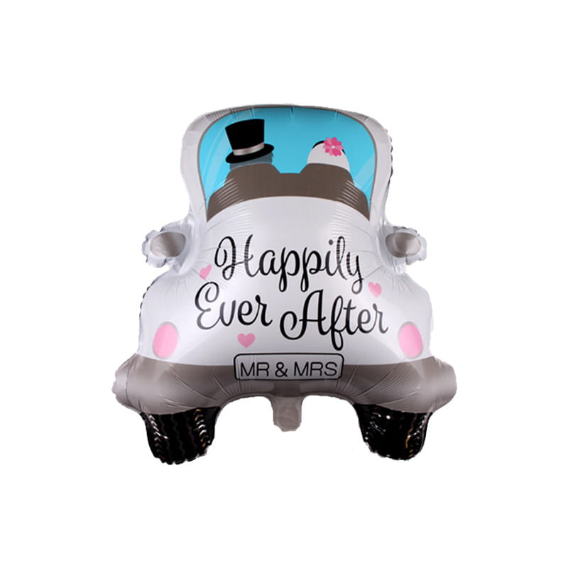 White and gray wedding-themed foil balloon shaped like a vintage car with happily ever after printed on the side in a wedding car balloon package couple decor.