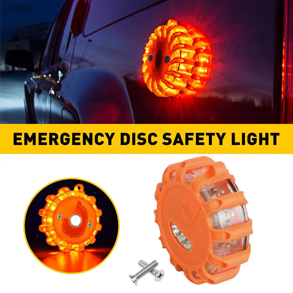 Led road flare emergency safety beacon strobe light with a bright orange circular segmented design featuring multiple led lights for enhanced visibility.