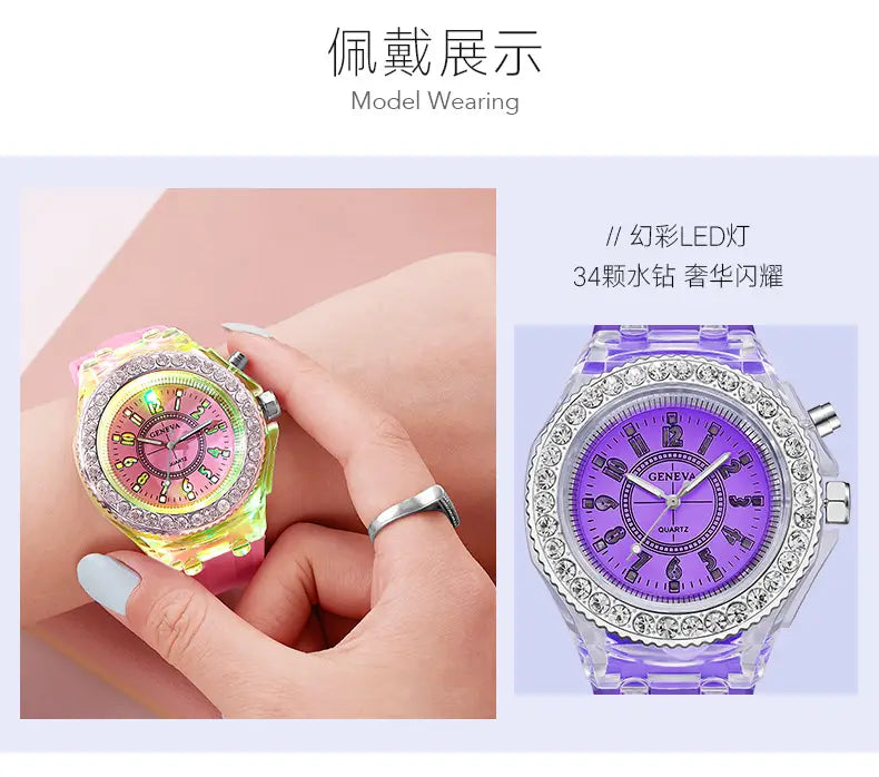 The led luminous silicone watch rhinestone digital timepiece features two vibrant crystal-encrusted watches with glossy plastic casing and colorful led-lit faces in pink and yellow hues and purple, both with silver-toned bezels adorned by 34 sparkling stones.