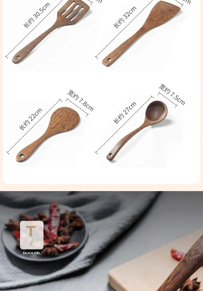 Set of four wooden kitchen utensils with natural wood grain including a slotted spatula solid spoon and two different-sized flat spoons designed for non-stick cookware use.