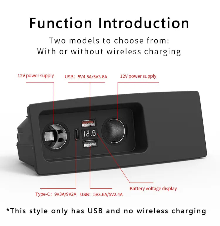 Prise d’alimentation de tableau de bord de voiture en plastique noir avec ports USB et affichage numérique de la tension pour le tapis de charge sans fil Audi A6 C7 Rs6 S7 Rs7.