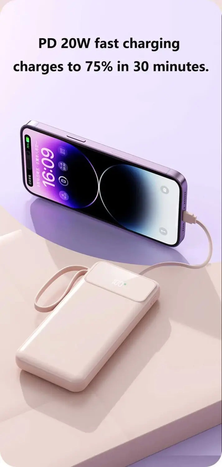 Un elegante banco de energía portátil rectangular blanco mate con diseño minimalista y correa de muñeca integrada, con carga rápida y cables integrados.