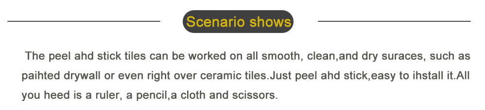 the scenario shows text in bold yellow font on a dark background alongside peel and stick backsplash tile glossy white subway designed for direct contact with fresh paint surfaces.
