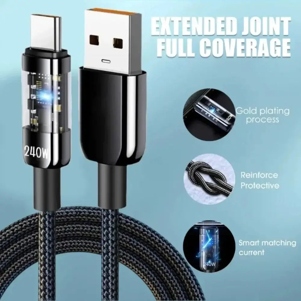 金メッキコネクタと補強された保護編組を備えた、LEDディスプレイ搭載ブラックの編組USB-C to USB-A 240W急速充電ケーブル。