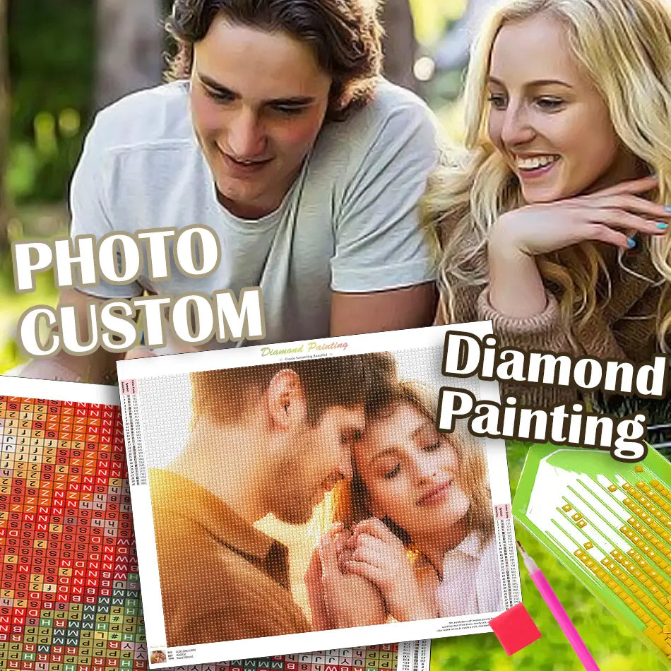 custom diamond embroidery square round painting kit featuring a warm toned photo of a couple with colorful diamond beads arranged on a grid pattern for crafting and fast delivery.