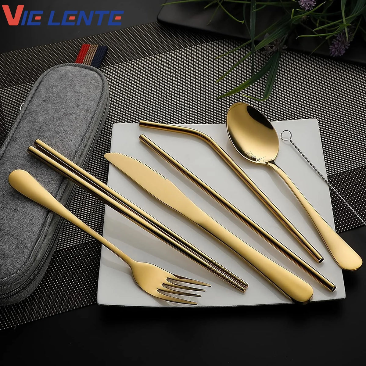 Tableware Reusable Travel Cutlery Set Camp Utensils Set with Stainless Steel Spoon Fork Chopsticks Straw Portable Case