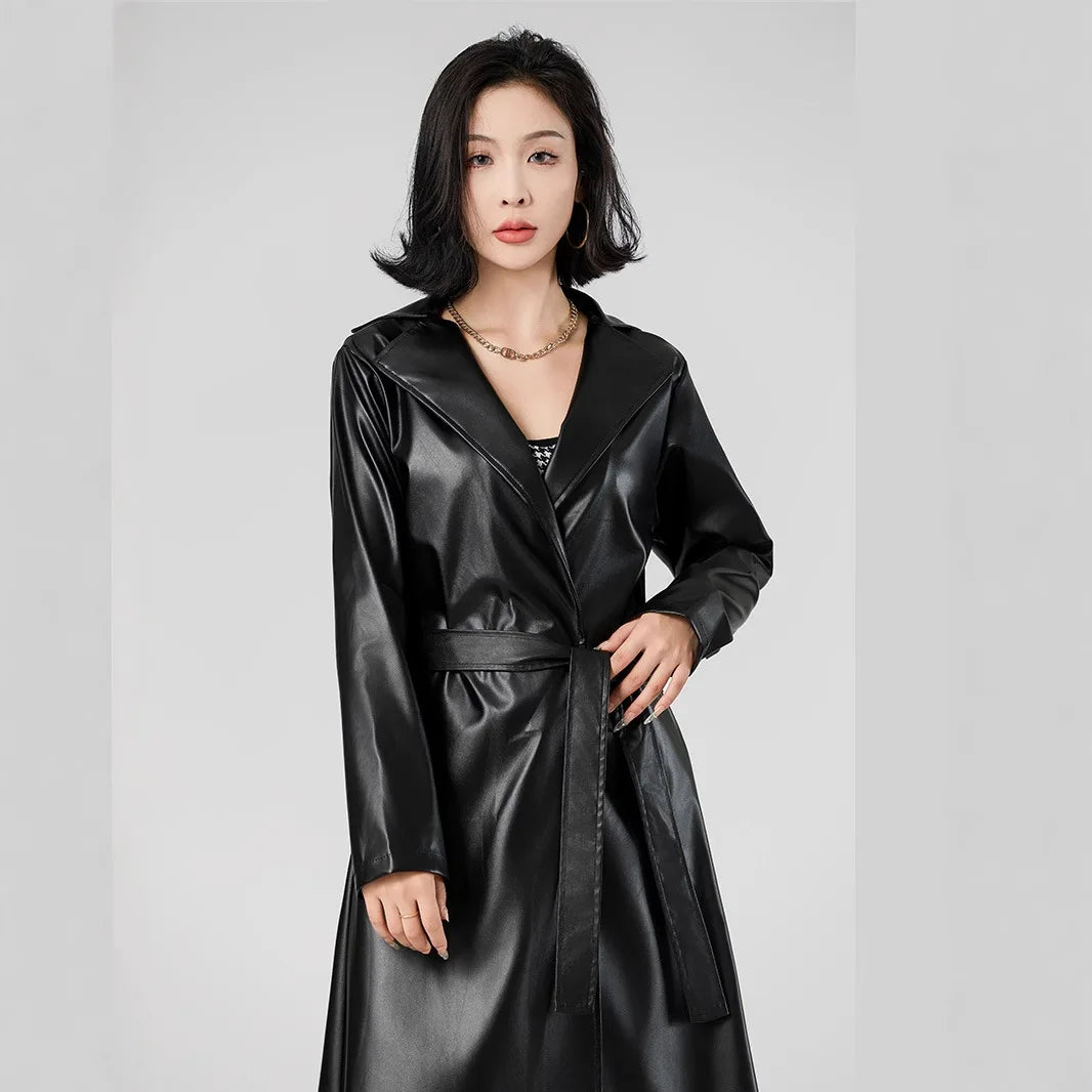 Faux Leather Coats Women Trench Jacket Pu Outerwear Belt Tight Waist Turn Down Collar Autumn Punk Streetwear Windbreaker