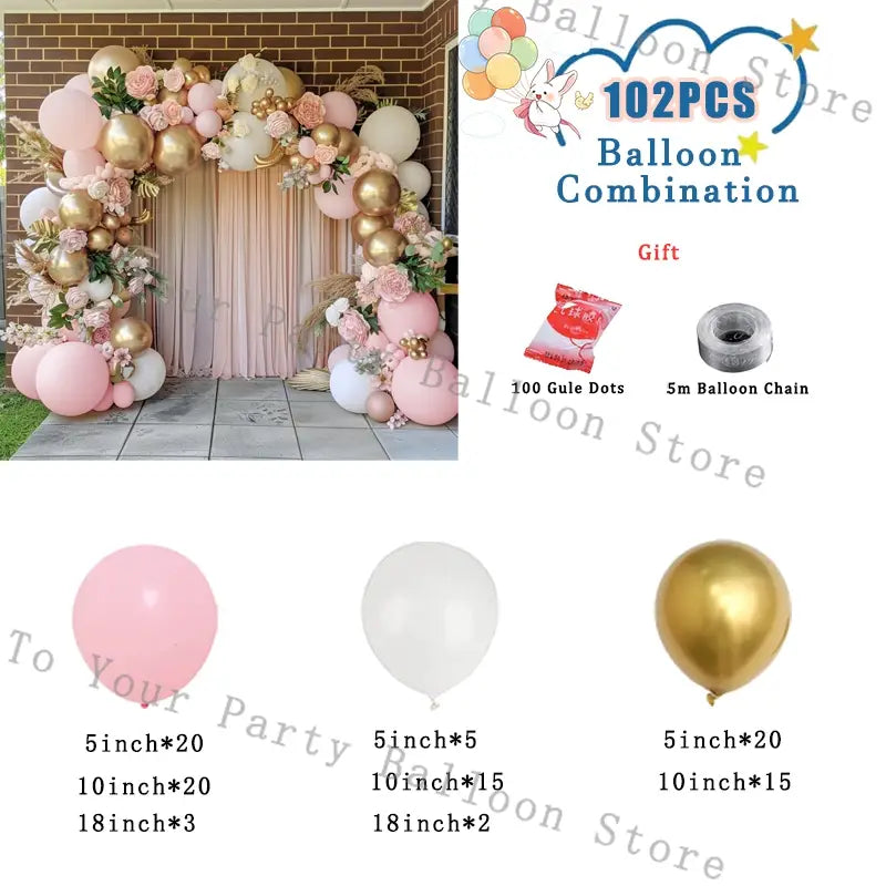 Pink balloon arch kit featuring decorative pink white and gold balloons with floral accents for wedding and birthday parties.
