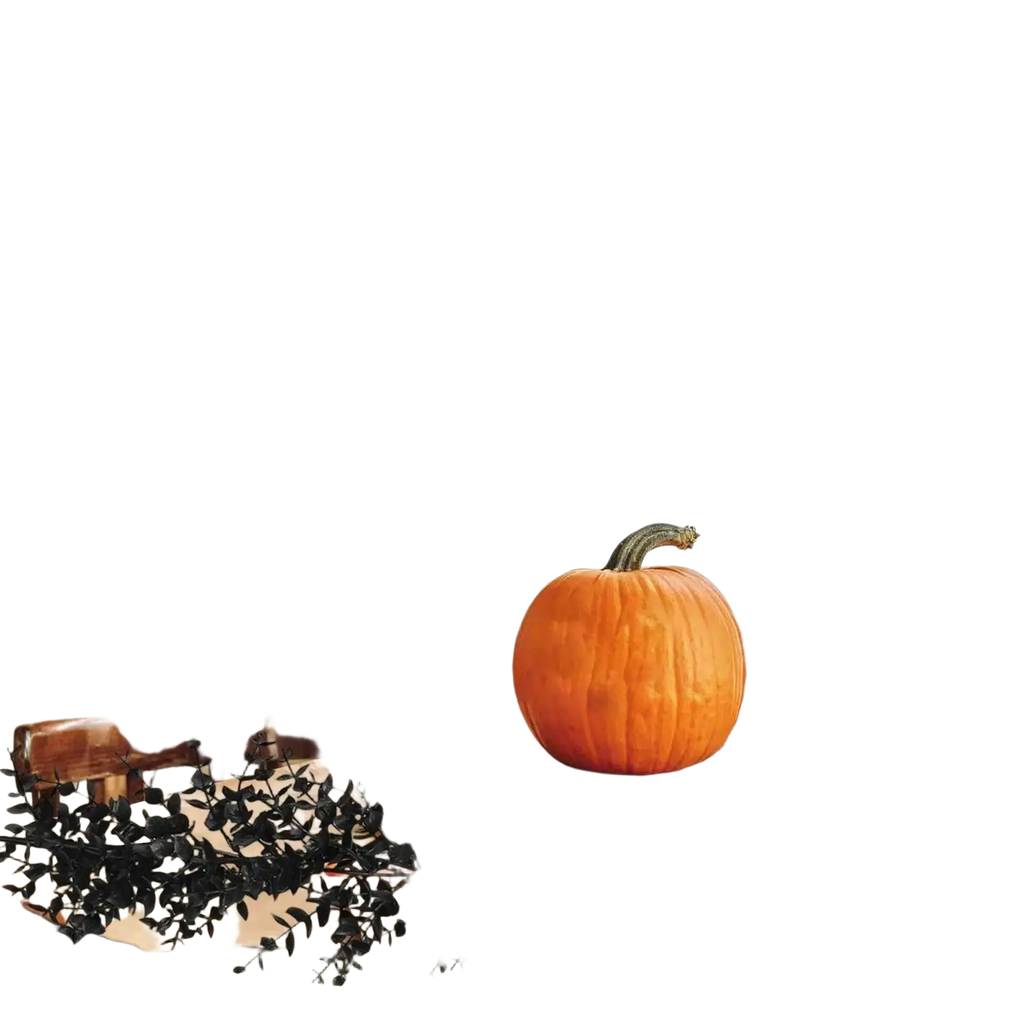 A vibrant orange pumpkin with a green stem on a wooden surface alongside 70in halloween decorations black garland