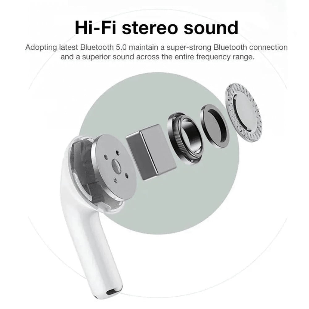 Écouteur Bluetooth sans fil blanc ANC au design minimaliste et épuré, avec des composants internes métalliques, mettant en avant la technologie de son stéréo haute fidélité.