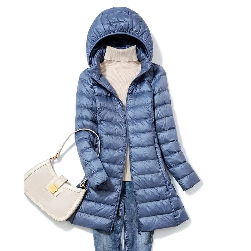 Fashionable Outerwear Winter Women Korean Fashion Slim Remove Hooded Parka Down Jackets Long Light Thin Coat Puffer Jacket