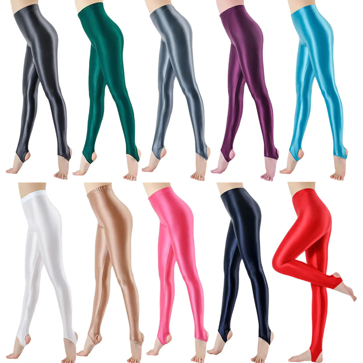 Womens Shiny Glossy Stirrup Tights Leggings High Waist Elastic Waistband Tights Skinny Pants Slim Fit Fitness Sports Costumes