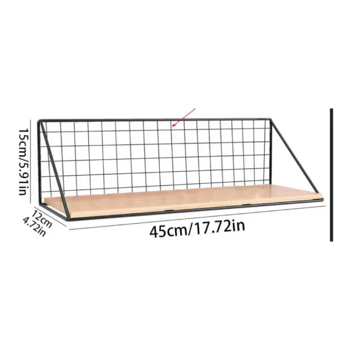 Wood wall shelf with wire basket storage featuring a black metal grid frame and a light wood plank base.