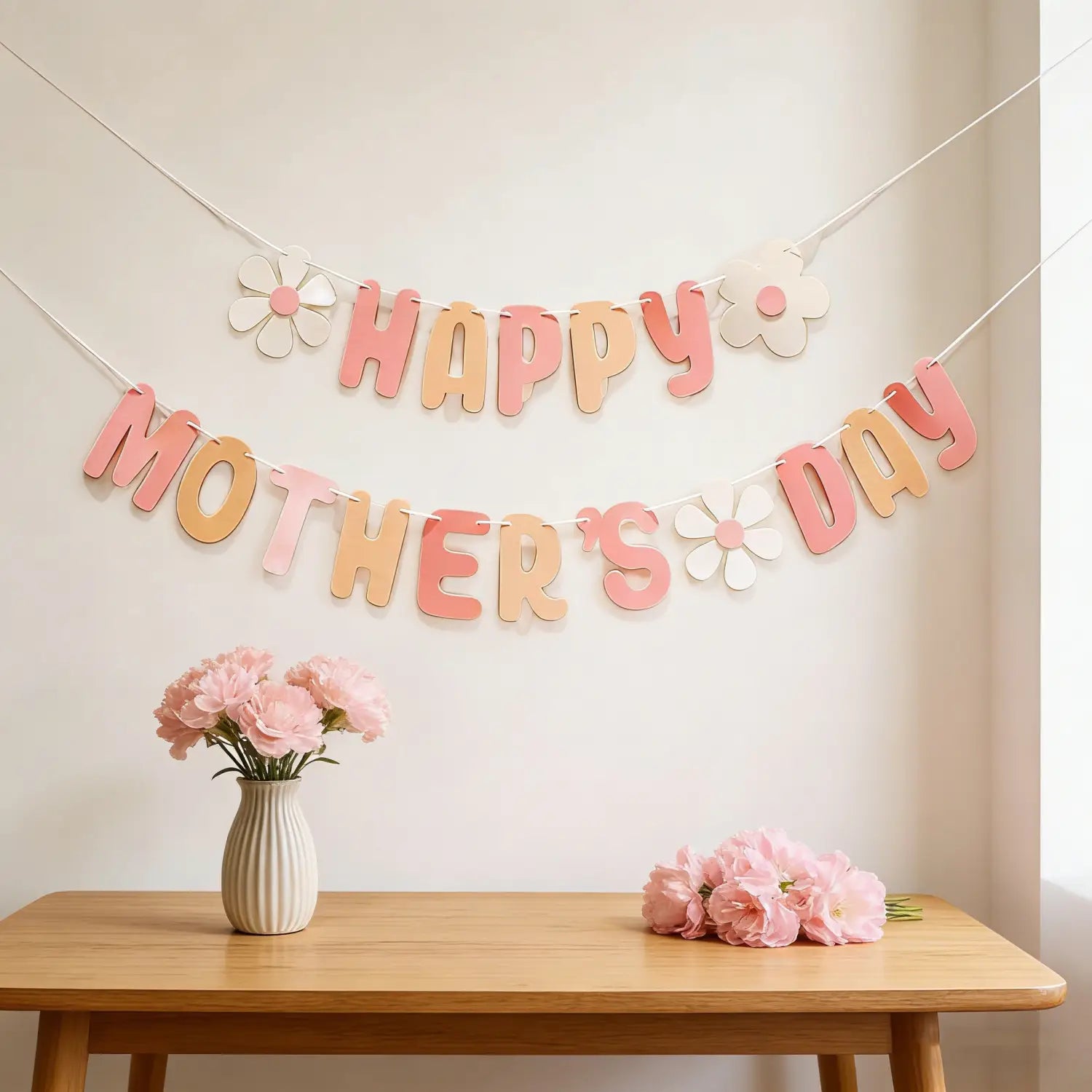 Mothers day daisy paper banner wall decor featuring pastel pink and peach gradient paper cutouts with white flower accents spelling happy mothers day.