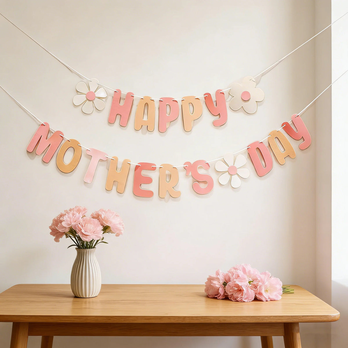 Happy Mother's Day Decorative Banners & Pull Flowers, Wall Hanging Decor for Shop & Room, Photo Booth Props