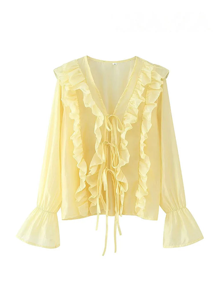 HH Woman's New Fashion Chic Blouses Yellow V-Neck Long Sleeves Bow Lace-Up Decoration Female Summer Casual Slim Shirts