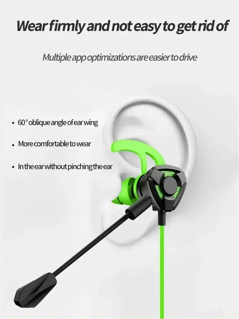 Wired in-ear gaming headset with mic in black and neon green featuring a flexible microphone boom designed for immersive gaming.