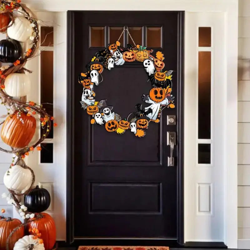 Une enseigne festive en bois pour citrouille d’Halloween et fantôme, suspendue, présentant des citrouilles orange et blanches, des fantômes espiègles et des têtes de citrouille jack-o-lanterns souriantes.
