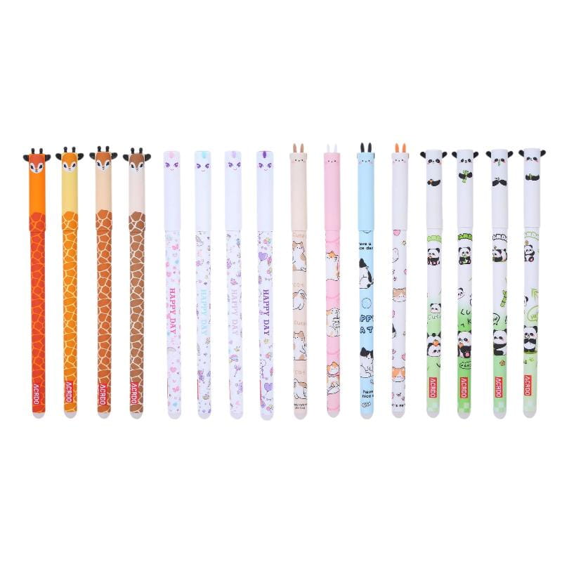 un ensemble de stylos à gel effaçables colorés, présentant des designs d’animaux mignons de girafe et de panda en style bande dessinée, avec des visages souriants, pour écrire.