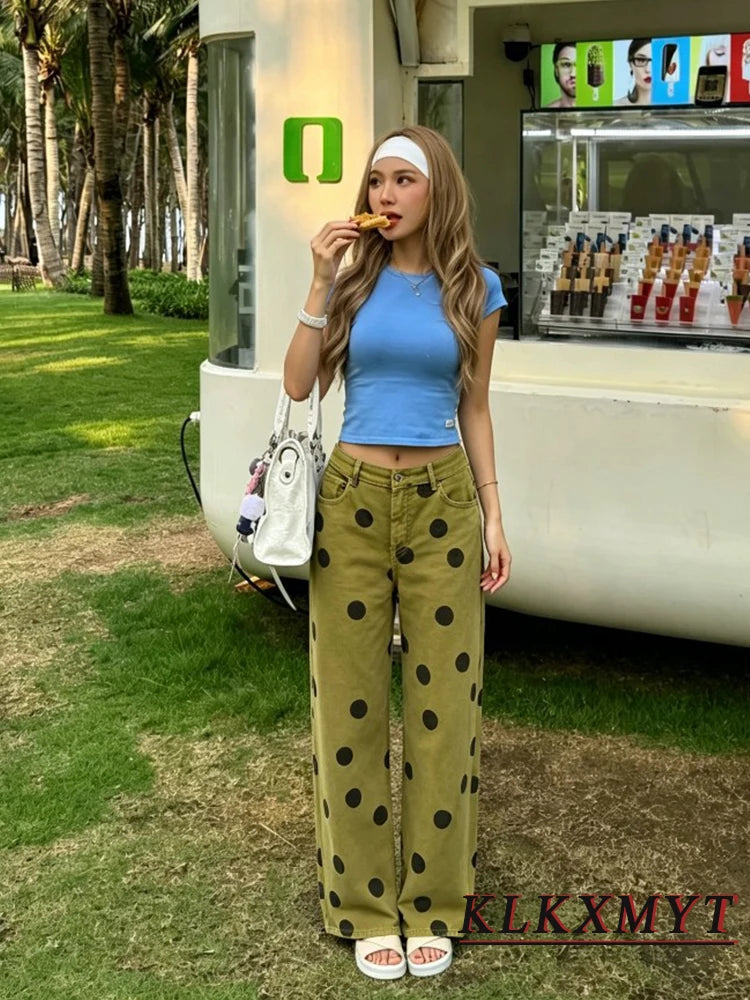 Women Wide-Leg Pants Fashion Elegant High Waist Polka Dot Jeans Pants Spring Summer Chic High Street Pants 2026 New