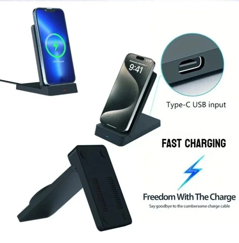 Cargador inalámbrico negro de 15 W con soporte abatible magnético para teléfono, con diseño minimalista y elegante, entrada USB tipo C y anillo magnético para una carga inalámbrica rápida.