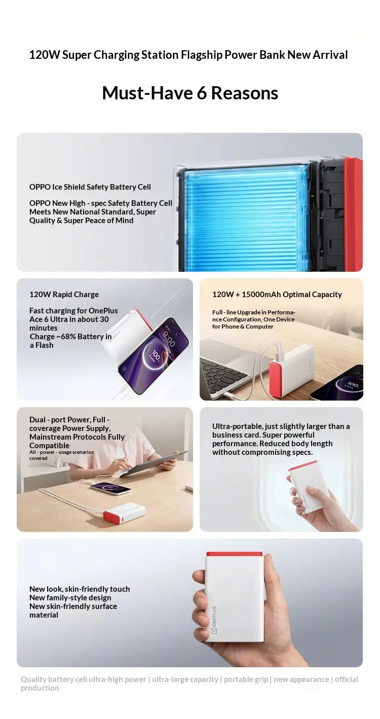 Tragbare Powerbank 120 W Schnellladung mit 15000-mAh-Kapazität, mit einer roten und schwarzen, glatten, hautfreundlichen Oberflächengestaltung für Oppo-Geräte.