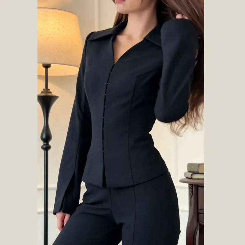 Women Two Piece Suit Set Long Sleeve Fitted Peplum Blazer High Waist Flared Trousers Commuter Business Casual Matching Outfits