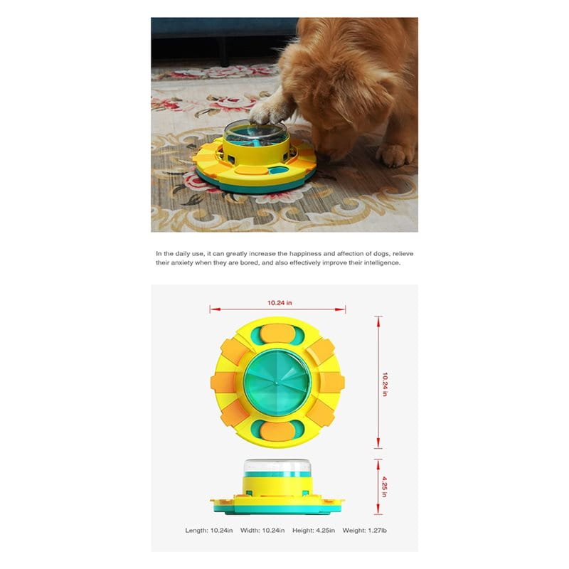 Bright yellow and teal circular slow feeder dog puzzle feeder dispenser with a transparent top designed for dry food.