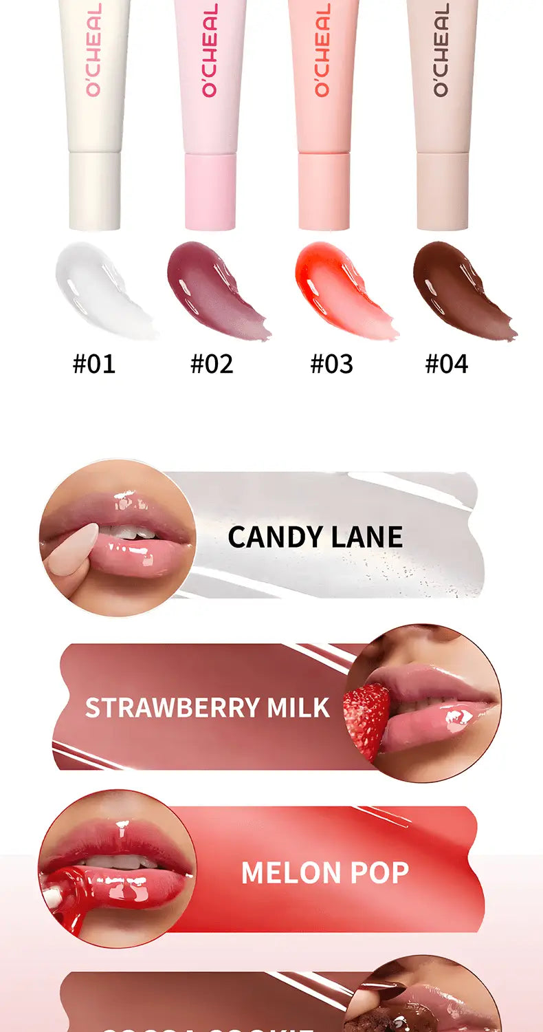 Ocheal hydrating fruit flavored glossy lip balm tubes in assorted shades including clear mauve coral and brown.