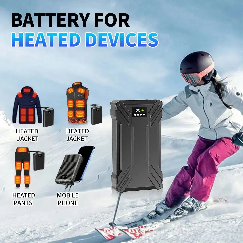 30000mAh／40000mAh加熱ベスト用パワーバンクバッテリーの製品ラインにおいて、背面側から見せた、耐久性のある素材で作られたブラックの頑丈なバッテリーパック。