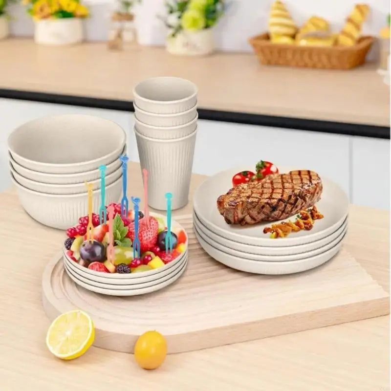 Plastic dinnerware set with ribbed bowls cups for kitchen meals KXRE