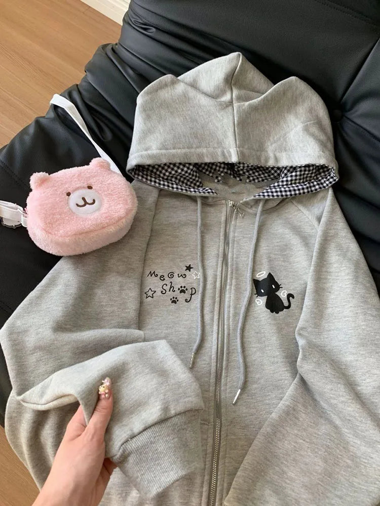 Mujer Japanese Cute Hoodies Coats Cute Cat Print Hooded Sweatshirts Y2K Tops Women Clothing Casual Zipper Loose Hoodie