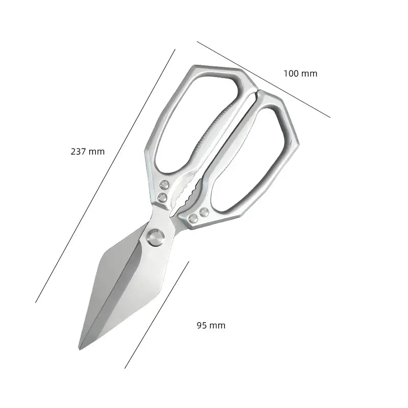 Edelstahl-Multifunktionsküchenscheren in Silberoptik mit schlankem, ergonomischem Design und verstärkten Drehpunkten.