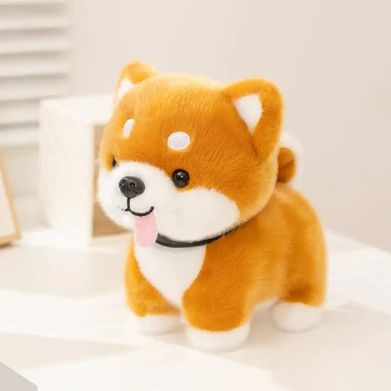 Adorable orange and white plush shiba inu dog stuffed animal toy with black eyes, pink tongue sticking out, and small black collar.