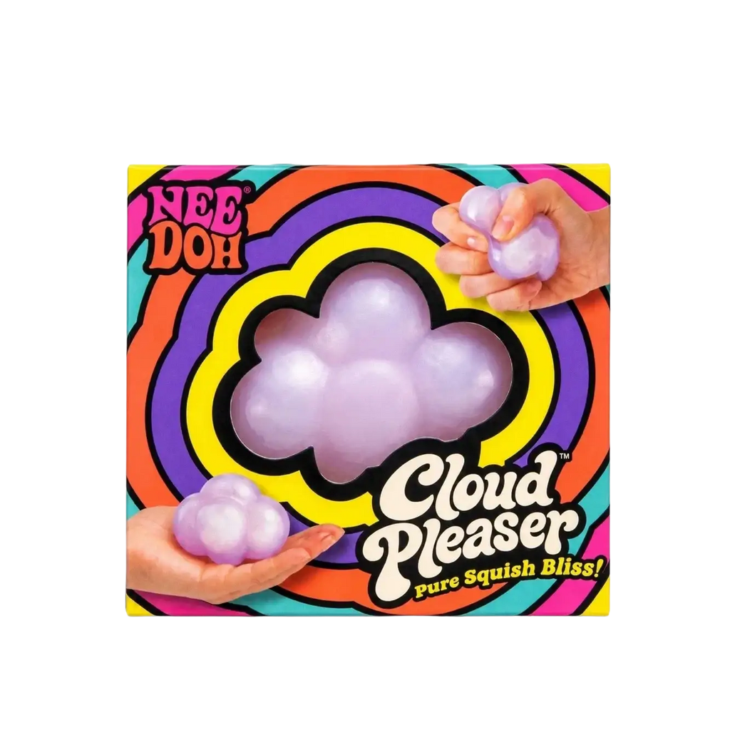 Front view of a purple cloud-shaped slow rising squishy stress relief cube in colorful packaging for ADHD focus