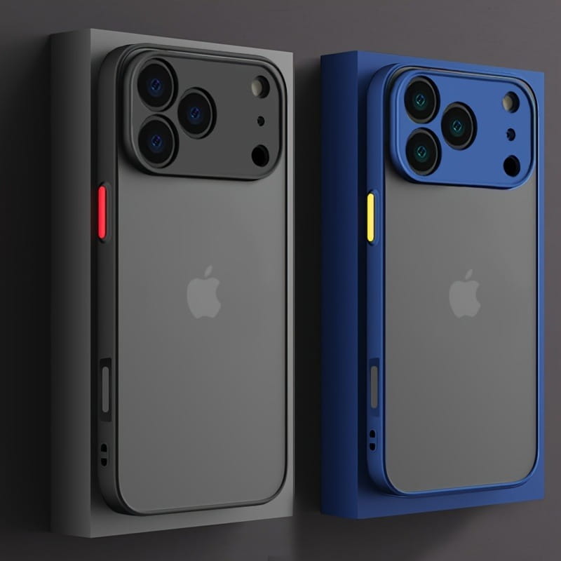 Carcasas transparentes para iPhone con armadura translúcida, resistentes a impactos, con marcos metálicos grises y azules que muestran el reverso y resaltan el sistema de cámara del iPhone.