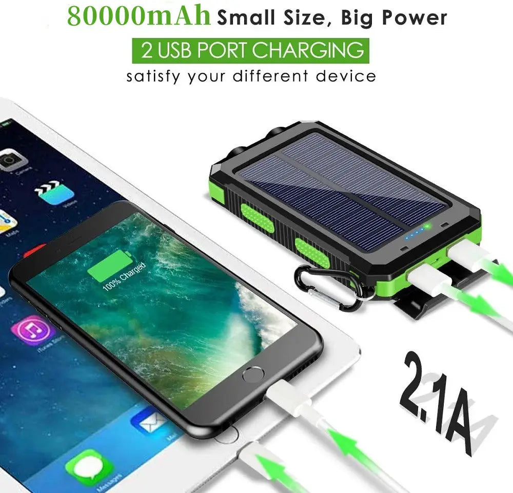 屋外および緊急時に使用できる 2 つの USB ポートを備えた、黒色および緑色の太陽光発電式パワーバンク 80000mAh 頑丈で携帯可能な充電器。