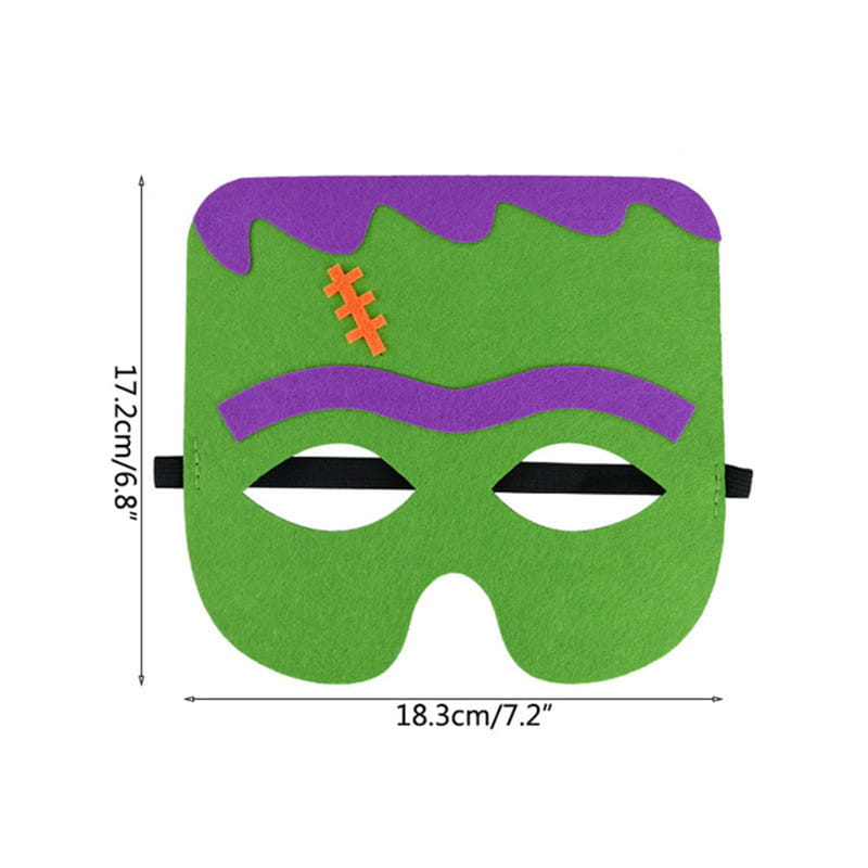 Green felt halloween pumpkin ghost diy mask featuring purple stitched hairline and eyebrow with orange stitching detail on the forehead for party costume use.
