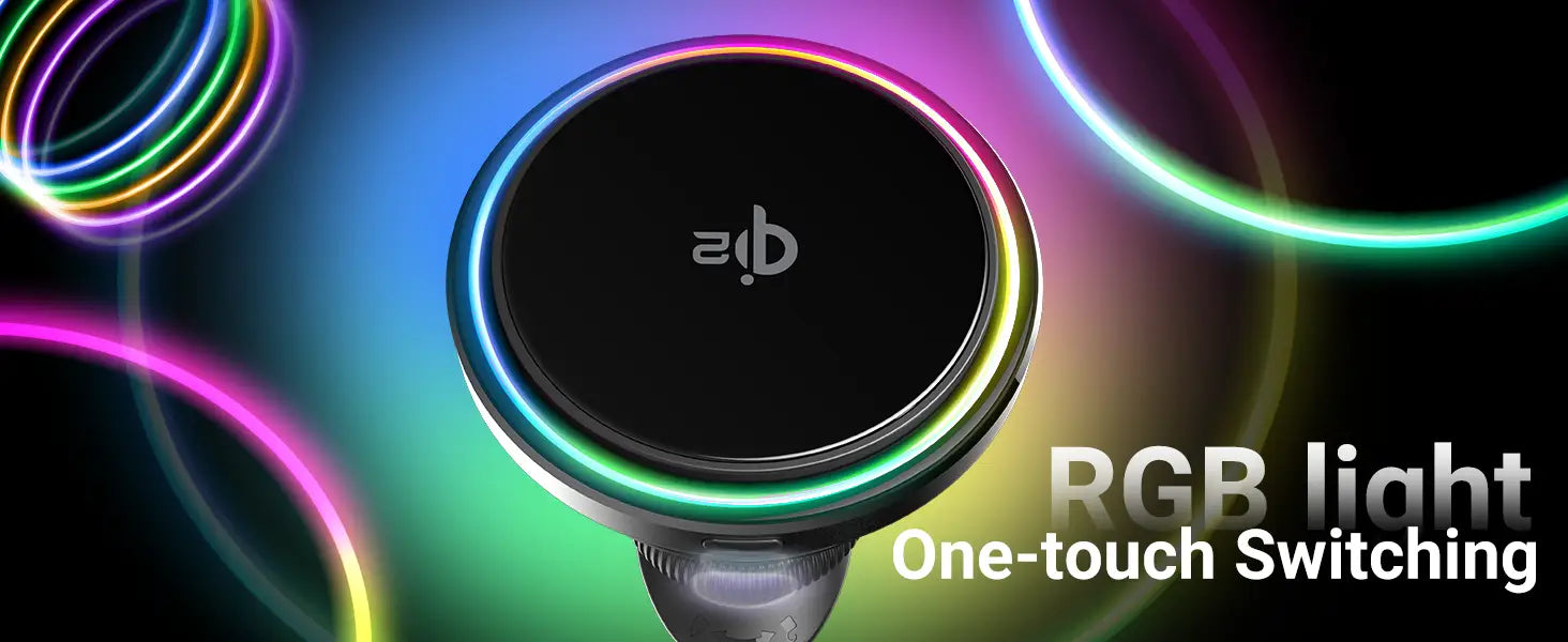 Ein eleganter schwarzer kreisförmiger Minix Qi2-Magnet-KFZ-Lader mit einem leuchtenden RGB-Lichtring und dem AIB-Logo in der Mitte, mit kabellosem Laden und einem Kühllüfter.