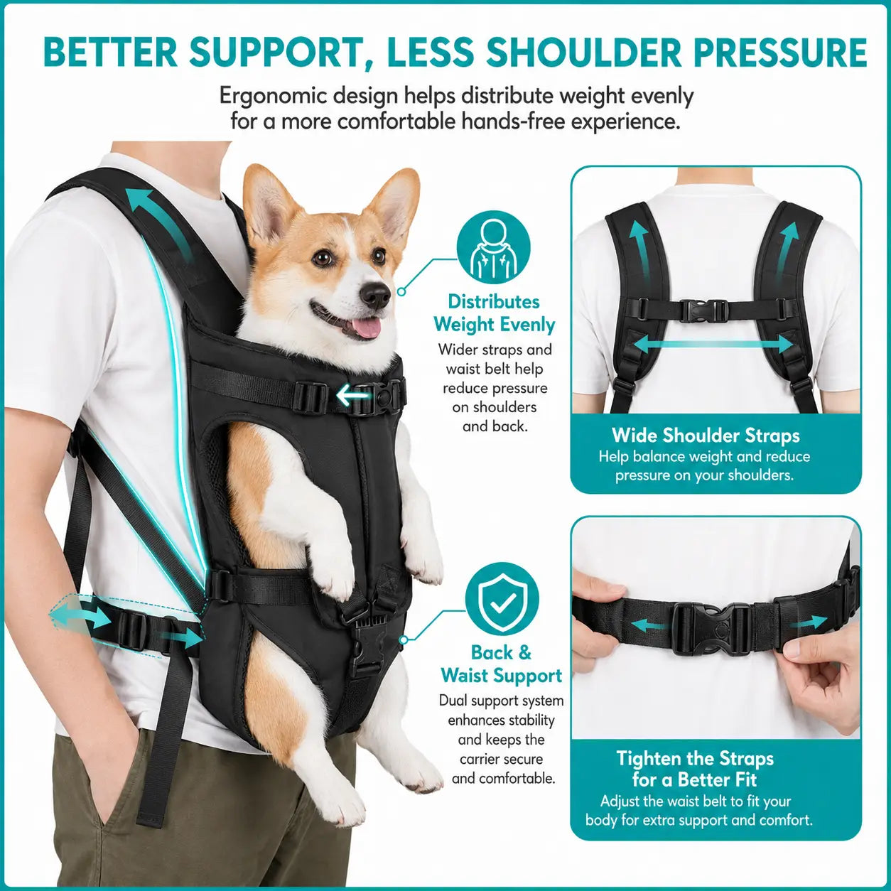 Sac à dos de transport ergonomique pour chien noir avec bretelles larges et ceinture ventrale, conçu comme sac à dos pour animaux de compagnie pour les déplacements mains libres