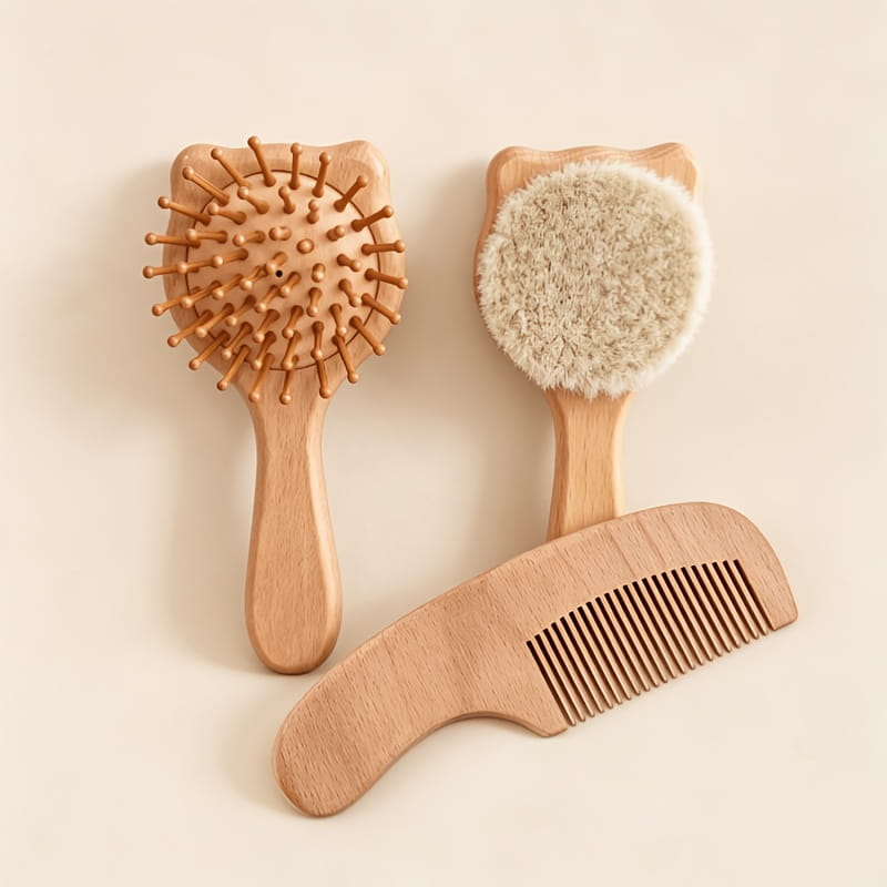 Set of three wooden baby grooming tools including a round bristle brush, a soft-bristled circular brush, and a sleek comb for hair care and healthcare.
