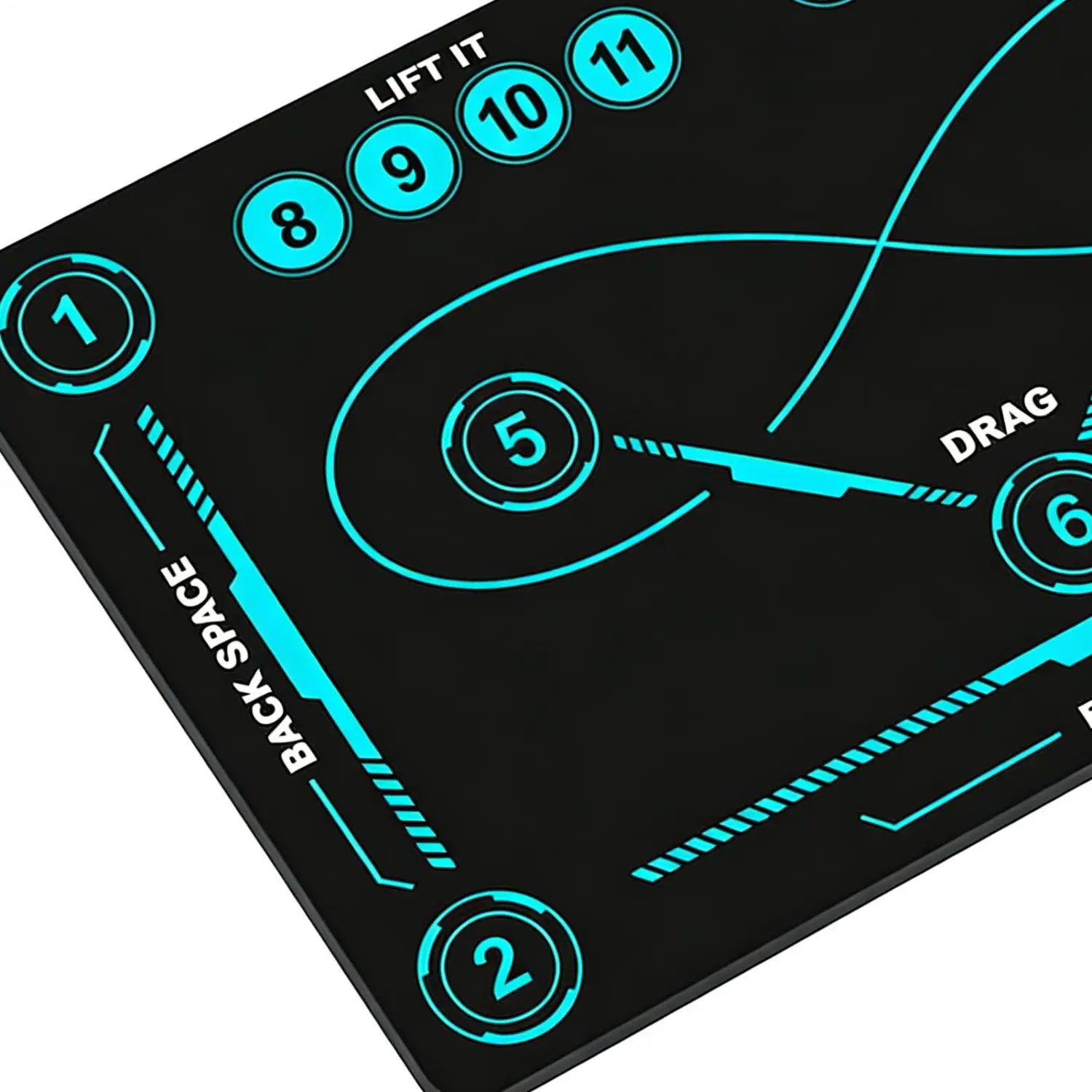 black gaming mousepad with glowing teal circuit-like graphics and numbered circular indicators designed as a non slip hockey training mat for stickhandling practice