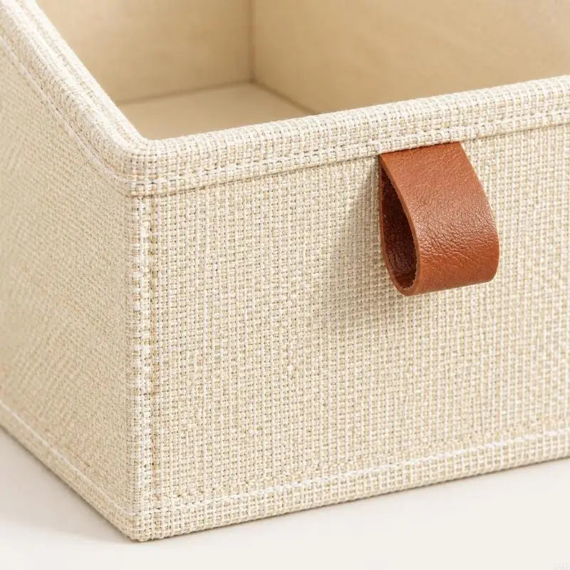 beige woven fabric storage basket with brown leather handle for closet shelves included in a package includes 6 storage baskets set