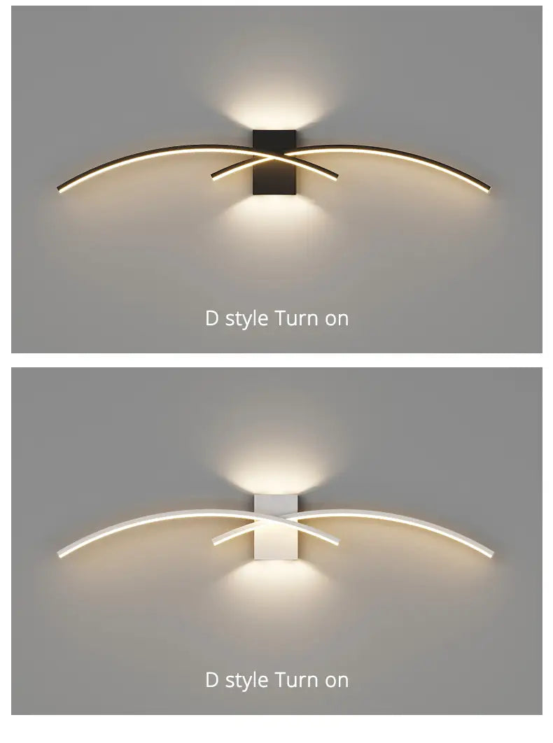 Aplique de pared LED minimalista con luz de tira moderna, con elegantes brazos LED curvos en acabado negro o blanco, diseñado para una iluminación interior contemporánea.