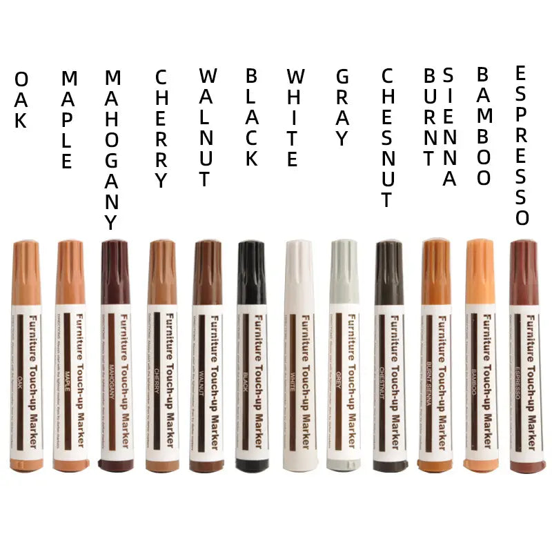 Ein Set aus zehn Möbelreparierstiften in verschiedenen Holztönen, darunter Eiche, Ahorn, Mahagoni, Kirsche, Walnuss, Schwarz, Weiß, Grau, Esskastanie und Espresso, konzipiert zum Reparieren von Holzkratzern.