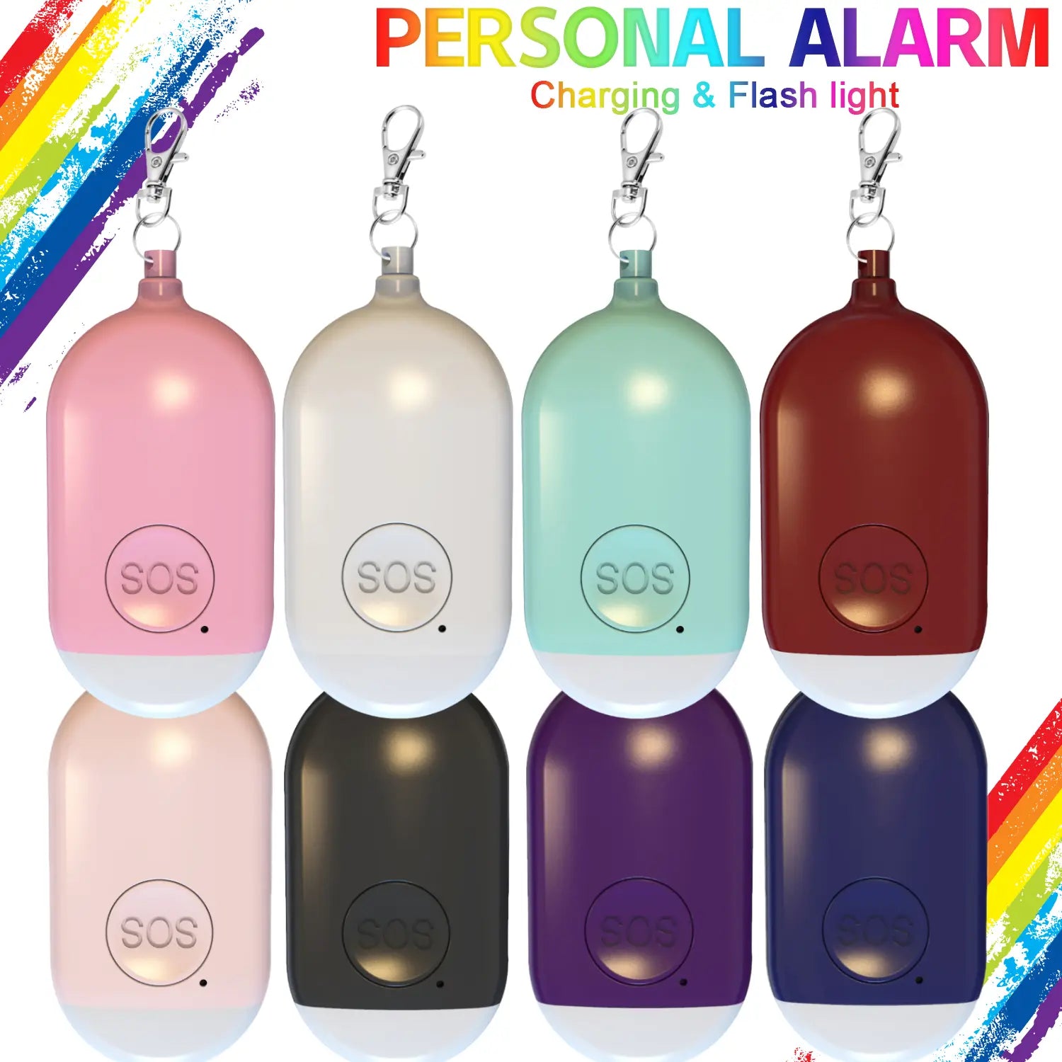 Rechargeable personal alarm keychains in assorted pastel and dark hues featuring a sleek rounded body with an integrated sos button and 130db sound output.