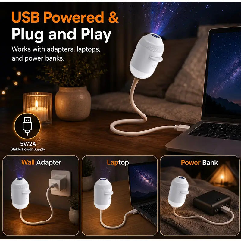 White usb-powered starry sky night light projector with a flexible beige cord and rounded body designed as an atmosphere lamp for plug-and-play use.