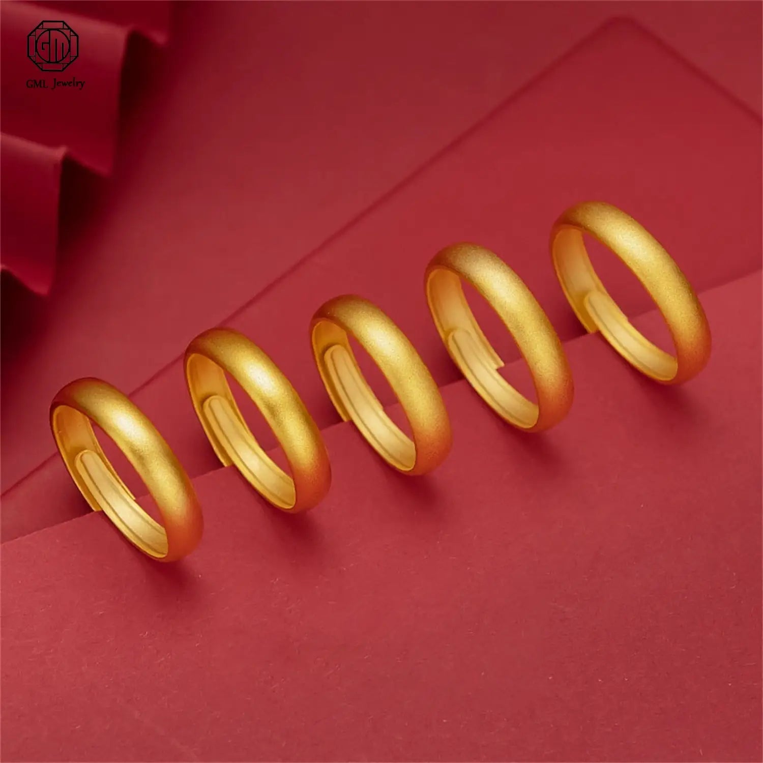 five polished sand gold adjustable rings with a fade resistant smooth rounded band design for a unisex gold adjustable ring collection
